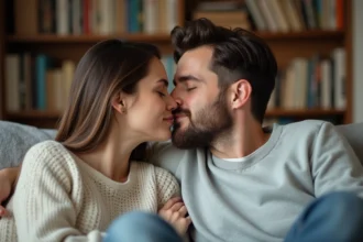 Baiser tendre entre deux amoureux lors d'un moment intime