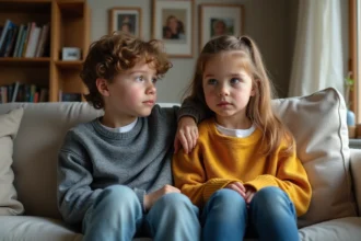 Enfants et beaux-parents discutant des tensions familiales dans une famille recomposée